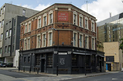 London, UK - July 20, 2019:  The historic Stage Door public house in the Waterloo district of Southwark, South London.  There's been a pub on this site for hundreds of years, Samuel Pepys wrote of it in 1665.