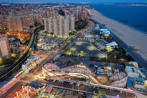 Aerial view along Coney Island and the beach in Brooklyn, New York.