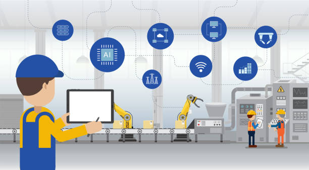 Automation industry concept Automation industry concept with workers control robots and machines flat design vector illustration blank computer screen factory stock illustrations