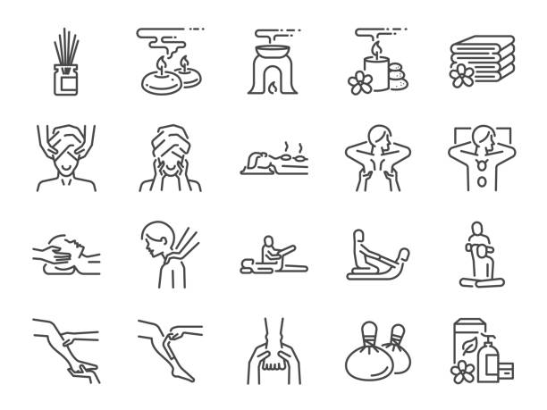 illustrations, cliparts, dessins animés et icônes de ensemble d'icônes de ligne de spa. inclus des icônes comme se détendre, soulager, dormir, son, toucher, sentir et plus encore. - head massage