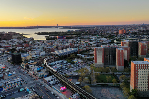 Aerial view along Coney Island and the beach in Brooklyn, New York.