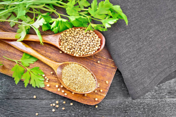 istock Coriander ground and seeds in two spoons on black board top 1198964794
