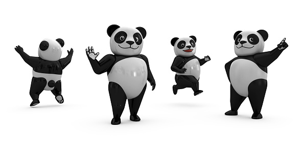 Cartoon 3d Character Design Illustration. 3d Panda Plastic Toy (Toy Art) Style in Multiple Poses (Group).