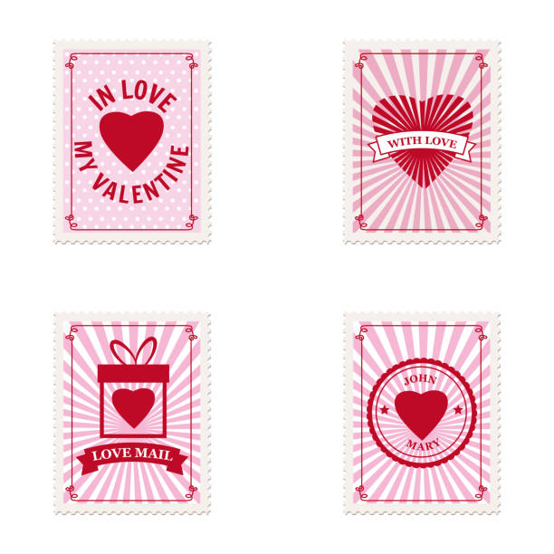 istock Set Valentine s day postage stamps, collection for postcard, mail envelope. Hearts, retro, vintage, vector, isolated 1198966702
