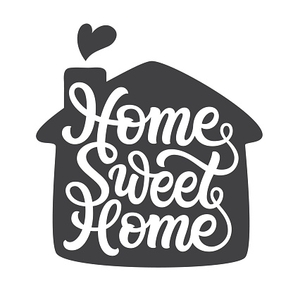 Home sweet home. Hand lettering quote with a silhouette of a house for posters, cards, home decor, housewarming, pillows, bags. Vector script typography