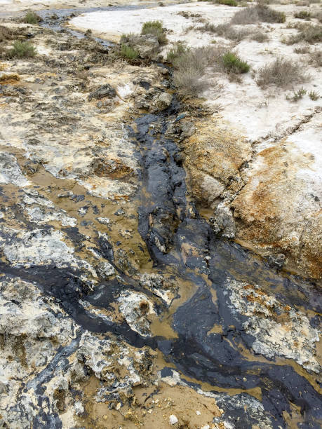 istock oil seep flowing down stream channel, McKittrick Tar Pit, California 1198968147