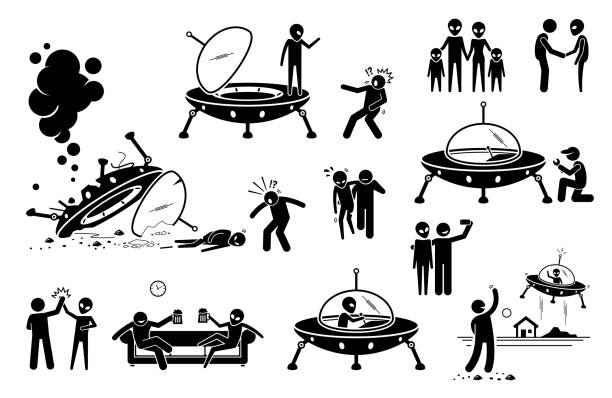 외계인 ufo와 인간의 첫 번째 접촉과 친구가된다. - ufo landing stock illustrations