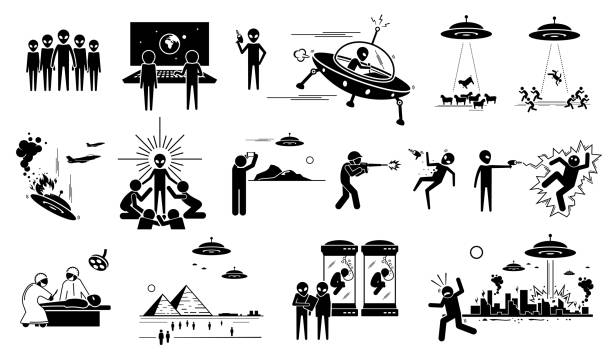 ilustraciones, imágenes clip art, dibujos animados e iconos de stock de invasión alienígena de ovnis en humanos en el planeta tierra. - sighting