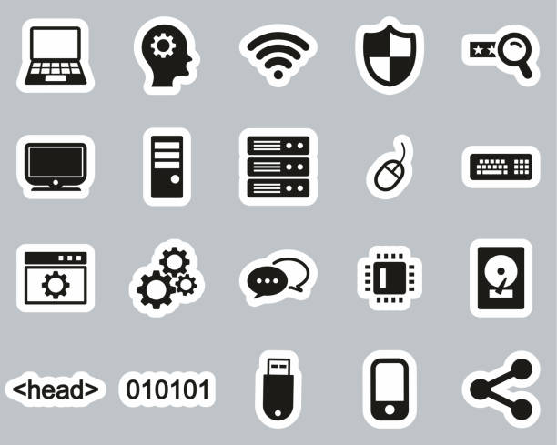 computer-programmierung icons schwarz & weiß aufkleber set big - input device usb cable sharing symbol stock-grafiken, -clipart, -cartoons und -symbole