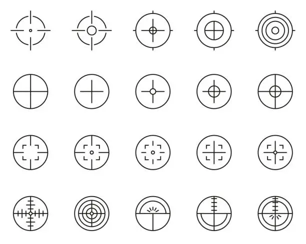 Vector illustration of Crosshair or Sight Icons Black & White Thin Line Set Big