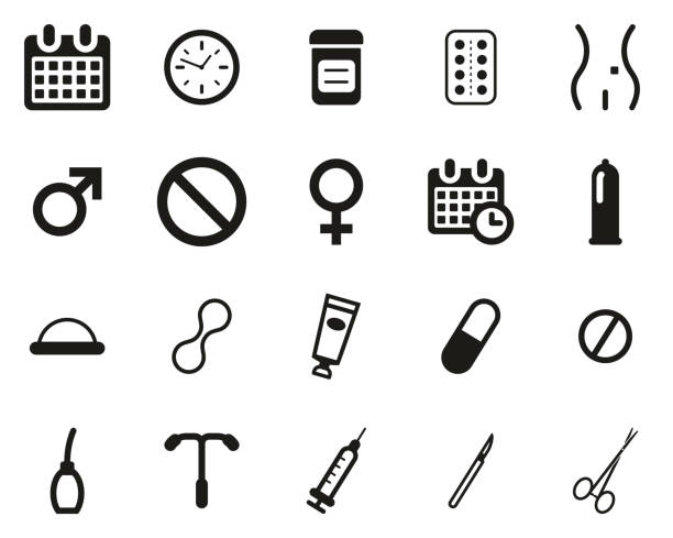 ilustraciones, imágenes clip art, dibujos animados e iconos de stock de métodos anticonceptivos iconos negro y blanco set grande - contraceptive condom sex education diaphragm