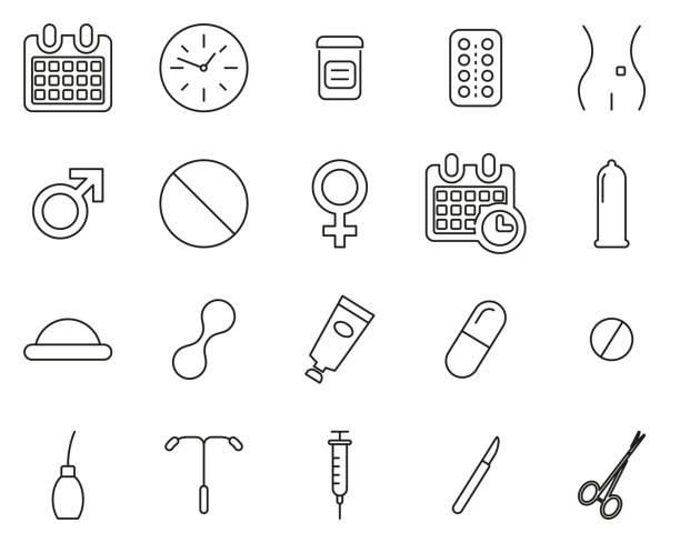 stockillustraties, clipart, cartoons en iconen met anticonceptie methoden pictogrammen dunne lijn set groot - anticonceptie