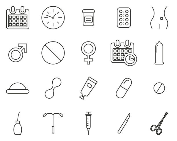 Contraception Methods Icons Thin Line Set Big Contraception Methods Icons Black & White Set Big diaphragm contraceptive stock illustrations