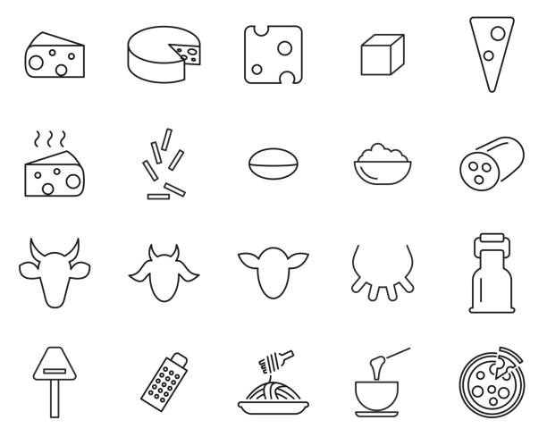 käse typ icons dünne linie set groß - mozzarella stock-grafiken, -clipart, -cartoons und -symbole