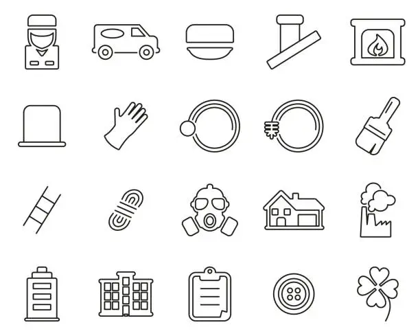 Vector illustration of Chimney Sweeper Tools & Equipment Icons Thin Line Set Big