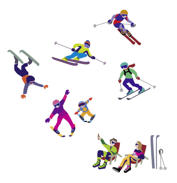 Alpine Skiing Vector illustration of Alpine Skiing, winter sport. Characters set of simple comic drawing. kids snow suits stock illustrations