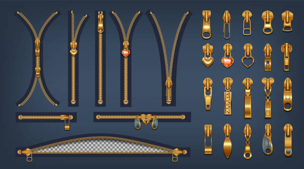 Zipper Clasps Set Set of metal zippers and sliders with pendants. Realistic style.Closed and open clasps for gold color design. Isolated on a dark background. Vector illustration leather clasp stock illustrations