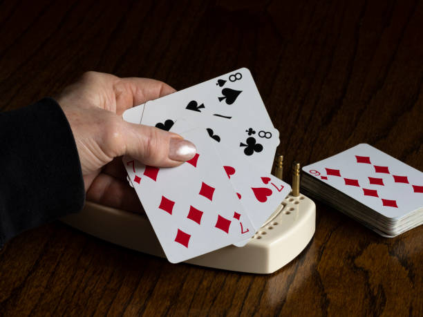 istock Cribbage Playing Cards Held in Female Left Hand with Pegs 1198975119