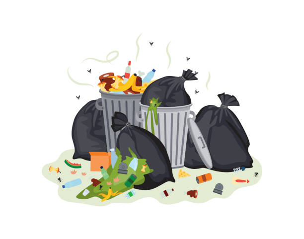 Garbage bags and waste cans stinking flat cartoon vector illustration isolated. Garbage plastic bags and waste cans full with rotting stinking garbage flat cartoon vector illustration isolated on white background. Dirty scrapyard open containers. infamous stock illustrations