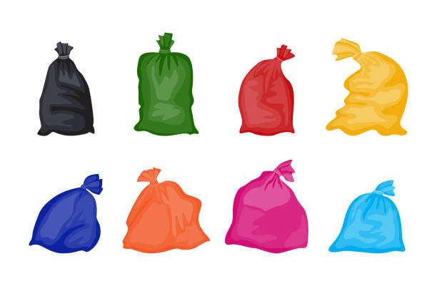 Set of colorful trash bags full of garbage isolated on white background. Set of colorful trash bags full of garbage isolated on white background. Clean plastic bag collection in red, black, green, yellow and other colors - flat vector illustration bin bag stock illustrations