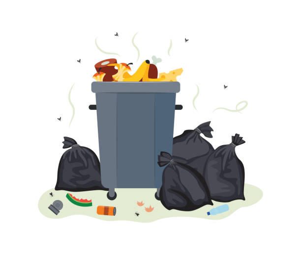 食品廃棄物であふれるフルメタルゴミ箱 - 汚れたゴミ容器 - garbage can garbage overflowing full点のイラスト素材／クリップアート素材／マンガ素材／アイコン素材