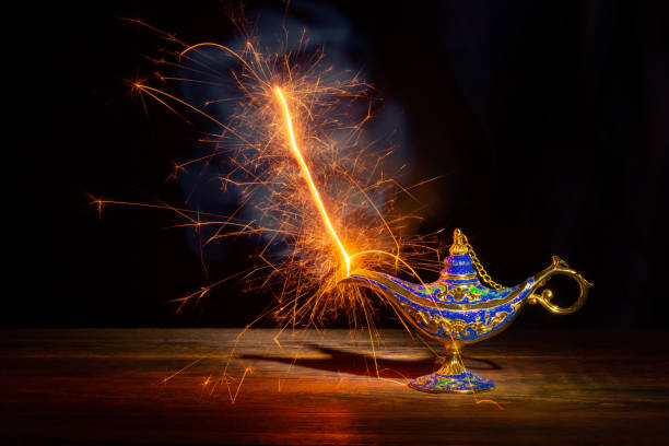 istock Vintage lamp of Aladdin on black background 1198978921