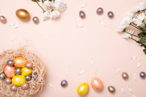 istock Gift card with colorful easter eggs on pink background for banner design. Beautiful spring card. Happy easter concept. 1198979976