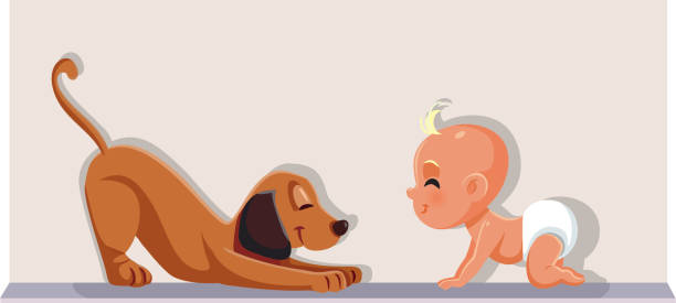 illustrazioni stock, clip art, cartoni animati e icone di tendenza di baby having a dog (pet vector cartoon) - diaper baby crawling cartoon