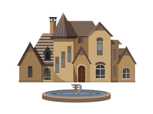 illustrazioni stock, clip art, cartoni animati e icone di tendenza di casa in stile castello. grande casa con una fontana. - house cottage mansion colonial style