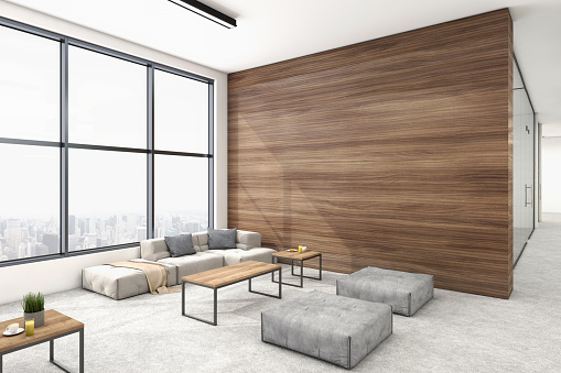 Modern open plan office interior with lobby. Window, wooden wall, corridor, concrete textured floor, sofa, coffee table, pillows and electric lamps. Template for copy space. Render.