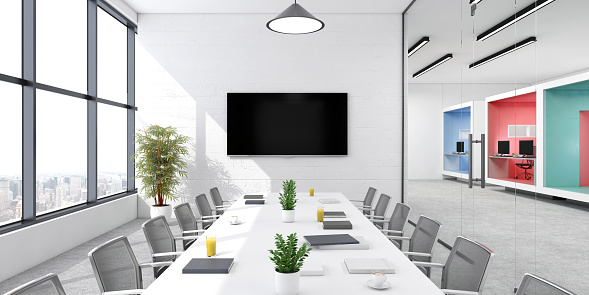 Modern office conference room interior.  Cubicle office, corridor, conference room, ceiling, electric lamp, TV screen, pendant lamp, computer PC, office desk, window, pastel colored walls. Template for copy space. Render.