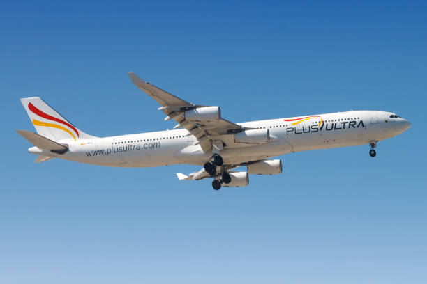 Plus Ultra Airbus A340 airplane at Madrid stock photo