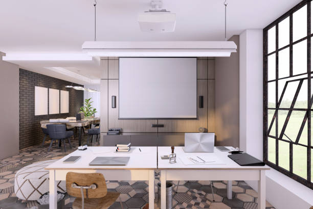 istock Contemporary office interior with large office desk 1198981762