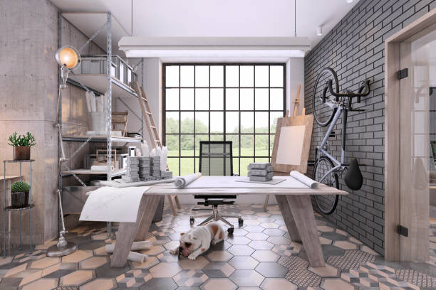 Small home office interior with large wooden desk