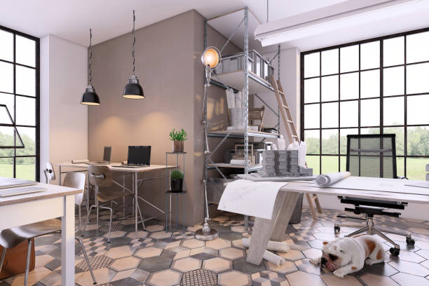 istock Small contemporary office interior with large office desk 1198982276