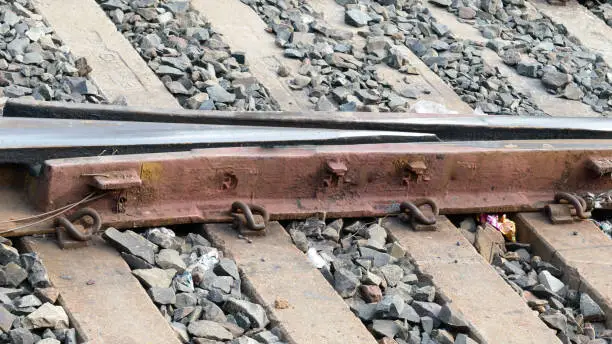 Concrete Indian Railways track. Railway tracks in India. Close Up. Howrah Railway Station, India May 2019