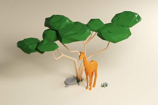 Africa. Low poly 3d composition of an African wildlife. Giraffe, tree and rocks.