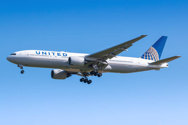 United Airlines Boeing 777 airplane at Paris Charles de Gaulle stock photo