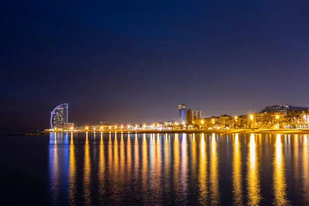 View of the coast of Barcelona by night