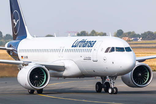 Paris, France - August 16, 2018: Lufthansa Airbus A320Neo airplane at Paris Charles de Gaulle airport (CDG) in France. Airbus is an aircraft manufacturer from Toulouse, France.