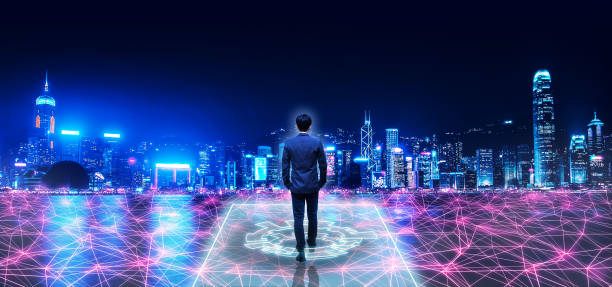 istock Business man on future network city 1198989776