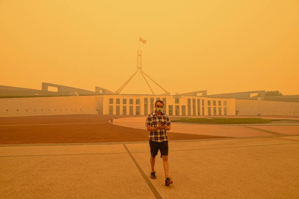 один человек, одетый в защитную маску, является единственным человеком, идущего перед зданием австралийского парламента. за плотным смогом - city urban scene canberra parliament house australia стоковые фото и изоб�ражения