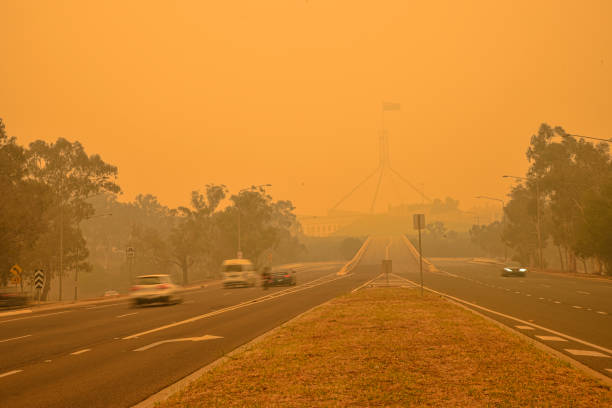 здание австралийского парламента едва видно за плотным смогом. в канберре уровень загрязнения воздуха является самым высоким в мире в опре - city urban scene canberra parliament house australia стоковые фото и изображения