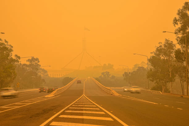 la casa del parlamento australiano apenas es visible detrás de un denso smog. en canberra, el nivel de contaminación del aire es el más alto del mundo en ciertos días. - city urban scene canberra parliament house australia fotografías e imágenes de stock