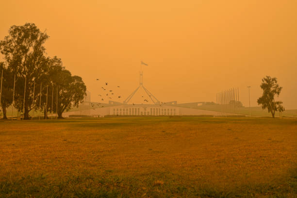 la casa del parlamento australiano apenas es visible detrás de un denso smog. en canberra, el nivel de contaminación del aire es el más alto del mundo en ciertos días. nadie se aventura por el humo. - city urban scene canberra parliament house australia fotografías e imágenes de stock