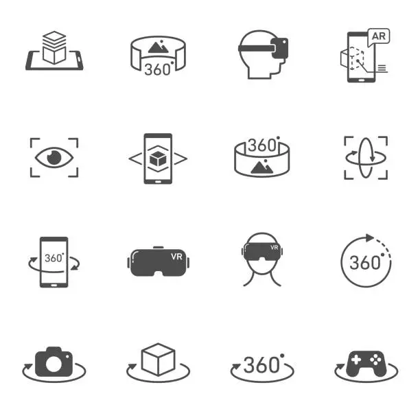 Vector illustration of Virtual and augmented reality vector icons set isolated on white background. AR and VR technology icons for web, mobile apps and ui design. Futuristic technology concept