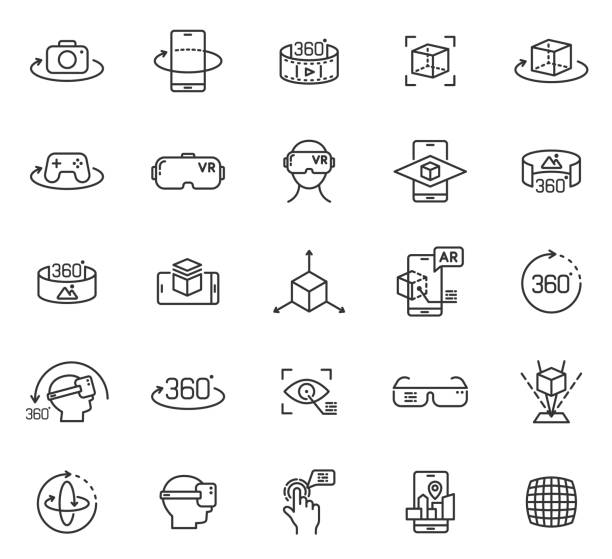 Virtual and augmented reality outline vector icons isolated on white background. AR and VR line icon set for web design, mobile apps, ui design and print. Futuristic technology concept Virtual and augmented reality outline vector icons isolated on white background. AR and VR line icon set for web design, mobile apps, ui design and print. Futuristic technology concept wide angle stock illustrations