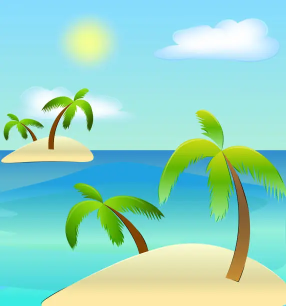 Vector illustration of Vector cartoon illustration of tropical islands, sea and clouds. Palms on islands in sea