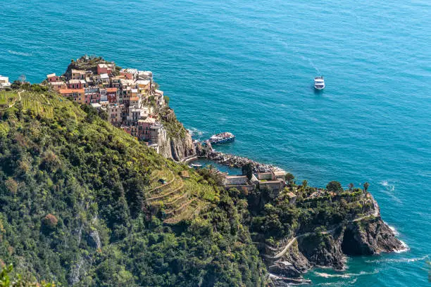 Photo of Manarola village as seen from the Trail 6p pass from the North. Cinque Terre National parc in the Northwest of Italy.