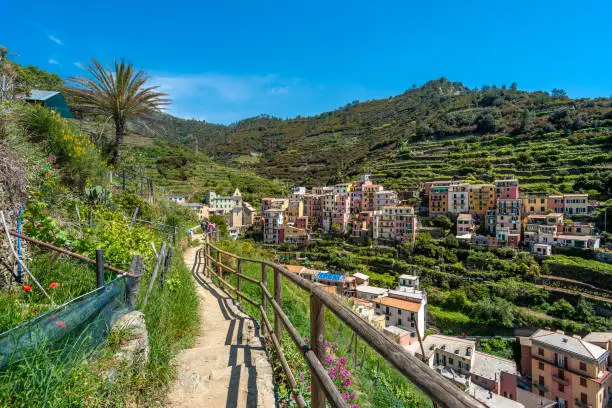 Photo of View at high land part of Manarola village from the Trail 6p pass. Cinque Terre National parc in the Northwest of Italy.